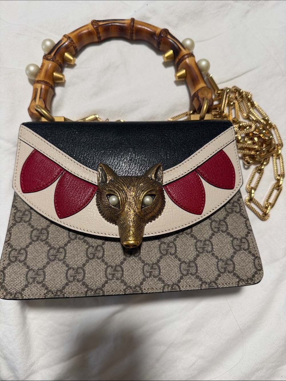 Gucci Shoulder Bag in Beige/Black/Red with Bamboo Handle